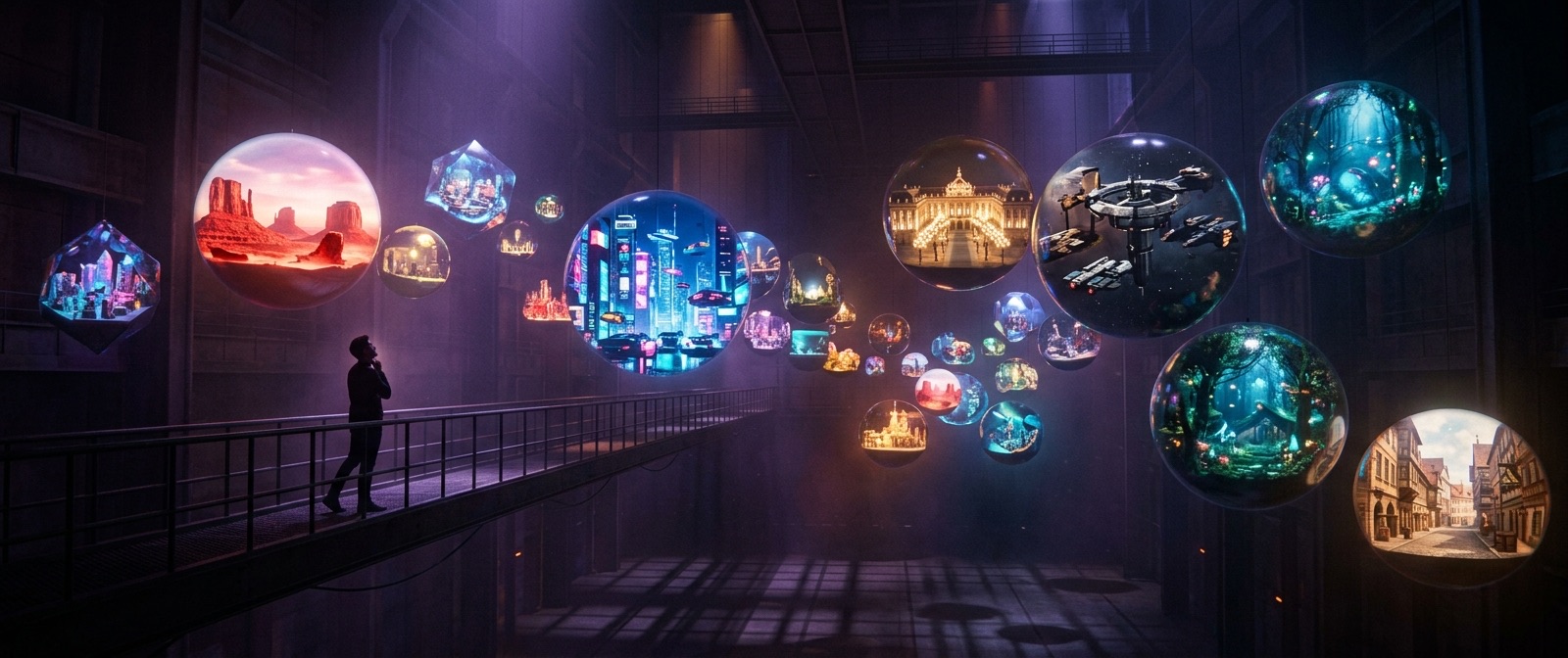 Epic cinematic 2.39:1 wide shot: an enormous dark gallery space where dozens of glowing cinematic worlds float as suspended luminous dioramas: a western canyon, an anime metropolis, a period palace, and a sci fi station. Each fully realized in miniature, a single small human silhouette walking among them looking up in awe, volumetric violet and amber light, deep shadow, photoreal, vast scale, anamorphic, fine 35mm grain