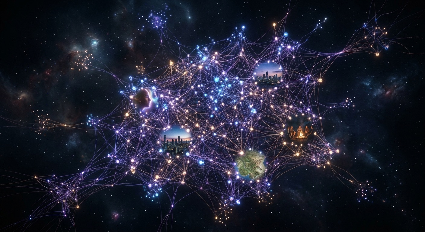 A vast, living world network rendered as a dark cinematic data constellation: thousands of glowing nodes representing characters, events, locations and timelines, connected by fine violet and amber light threads into an enormous organic web that recedes into deep space; a few nodes bloom into tiny photoreal scene vignettes (a face, a city, a map); the structure is clearly growing. New threads extend outward, conveying a living world engine, not a screenshot; deep blacks, volumetric haze, photoreal, awe inspiring scale, fine 35mm grain