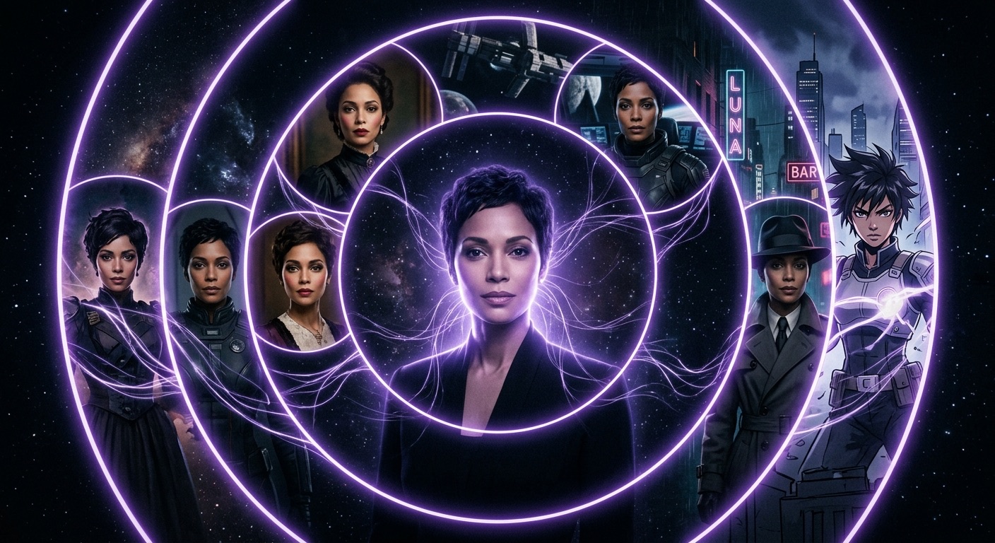 A striking conceptual cinematic image: a single luminous character portrait at the center radiating concentric rings, each ring containing the same character in a different genre and era: period, sci fi, noir, anime. All sharing one identical face, connected by fine violet light, dark background, photoreal, elegant, awe of consistency across worlds