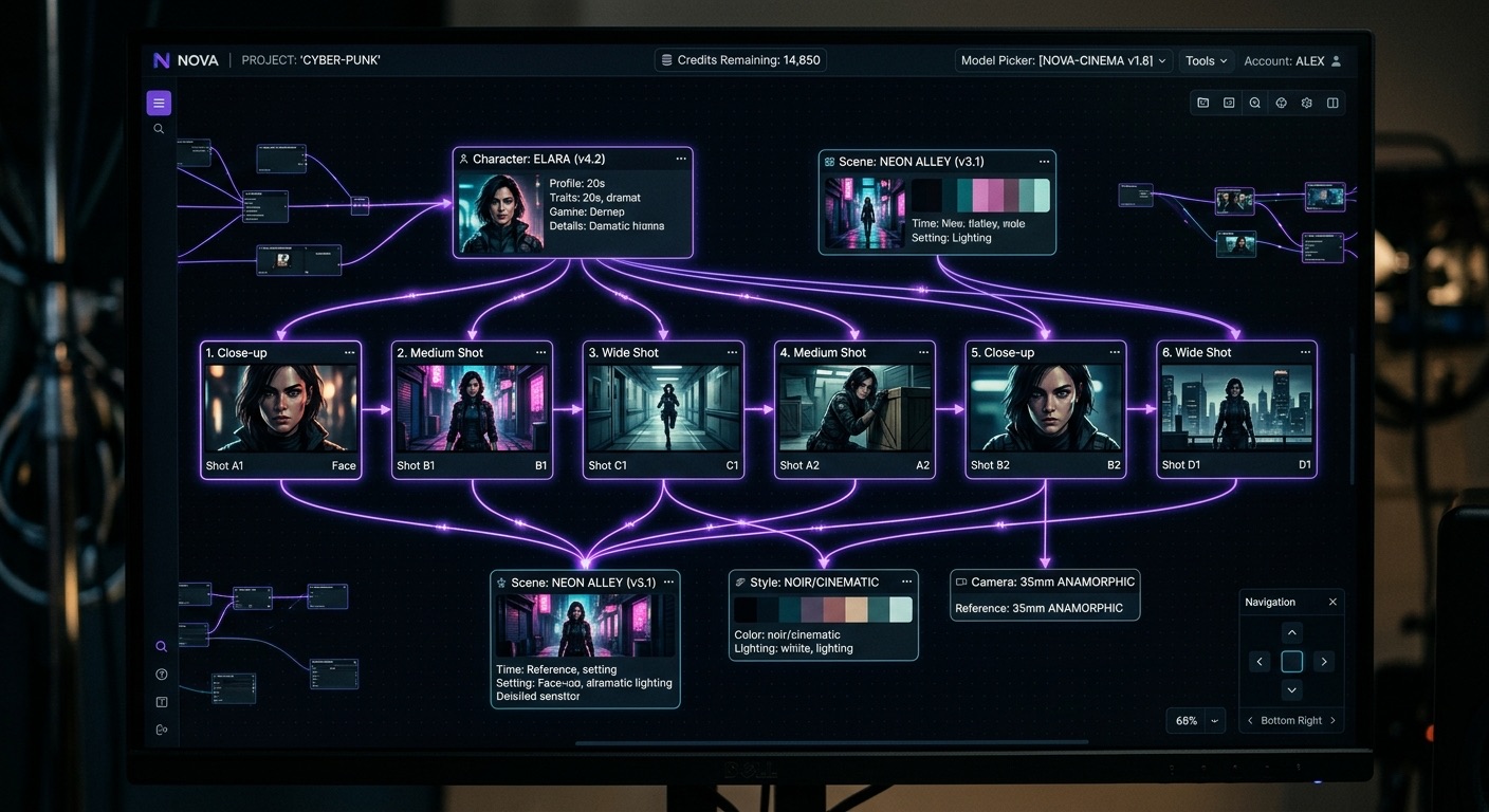 A cinematic dark product UI for an AI film studio: an infinite node based canvas showing a grid of consistent storyboard frames of the same character across different shots, connected to character and scene reference nodes by glowing violet edges; a credits counter and model picker in the top bar; photoreal screen capture, anamorphic warmth