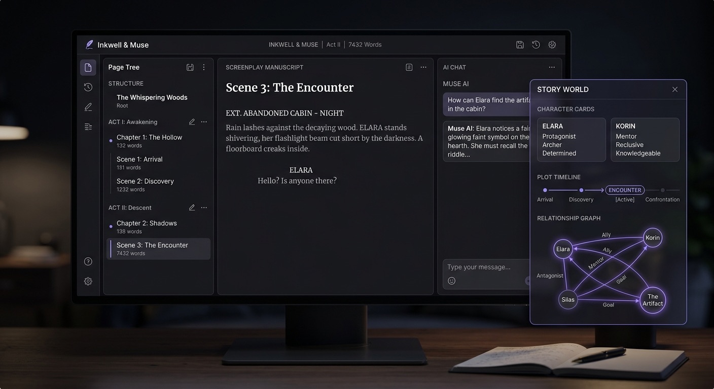 A cinematic dark product UI for a story writing tool: a three column workspace with a page tree on the left, a screenplay manuscript in the center, and an AI chat on the right; a floating 'Story World' panel shows character cards, a plot timeline and a relationship graph connected by glowing violet lines; elegant editorial typography, photoreal screen capture
