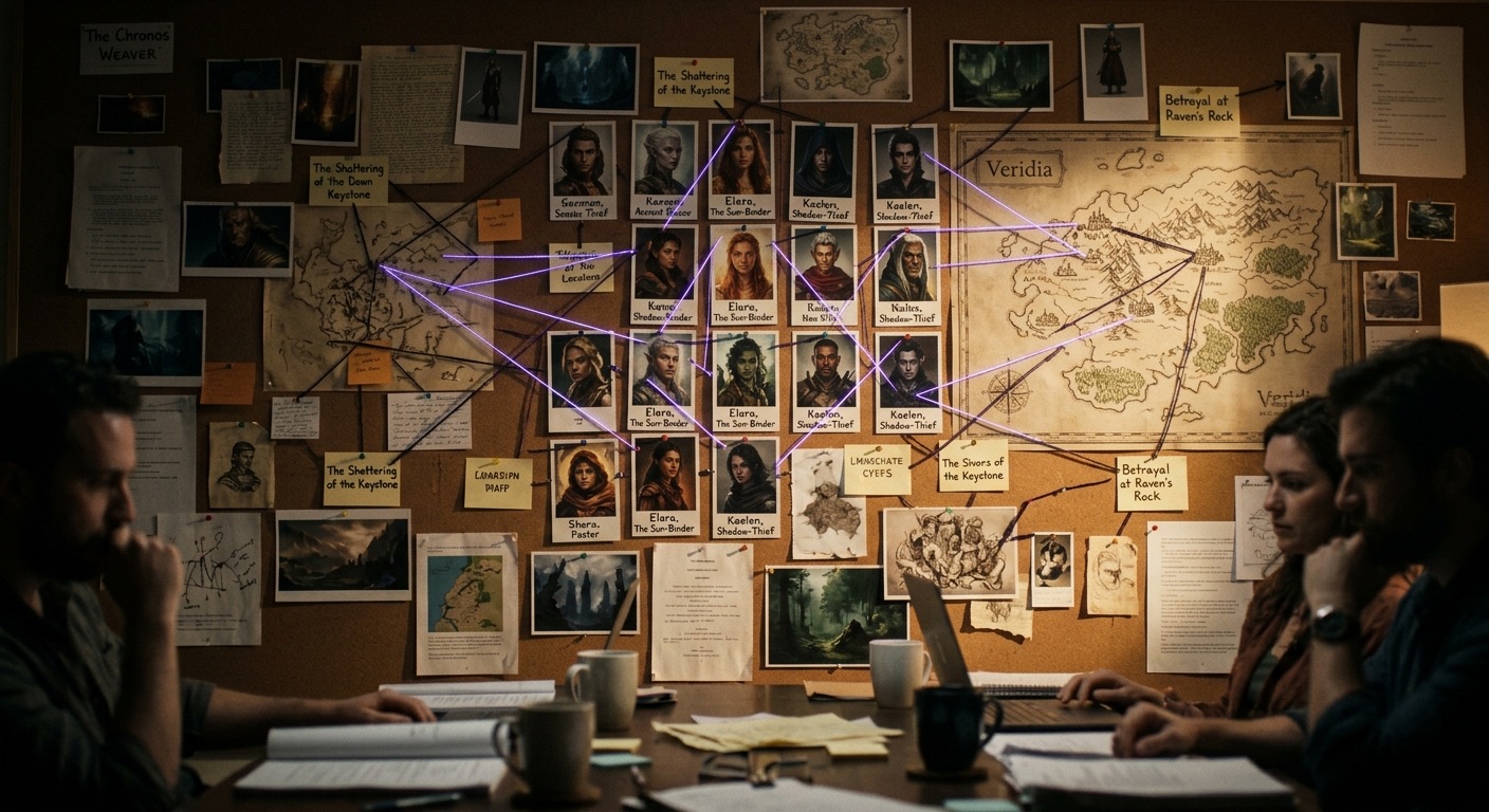 Cinematic still: a wall of interconnected character portraits, maps and story beats pinned and linked by glowing violet thread, like a writers' room world bible brought to life, dark room, warm key light, photoreal, sense of deep IP development