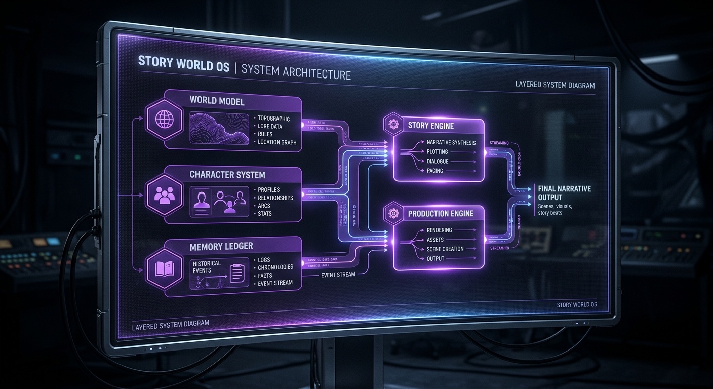 Cinematic dark product UI still: the Story World OS. A layered system diagram glowing in violet showing a world model, character system and memory ledger feeding a story engine and production engine, elegant futuristic interface, photoreal screen capture