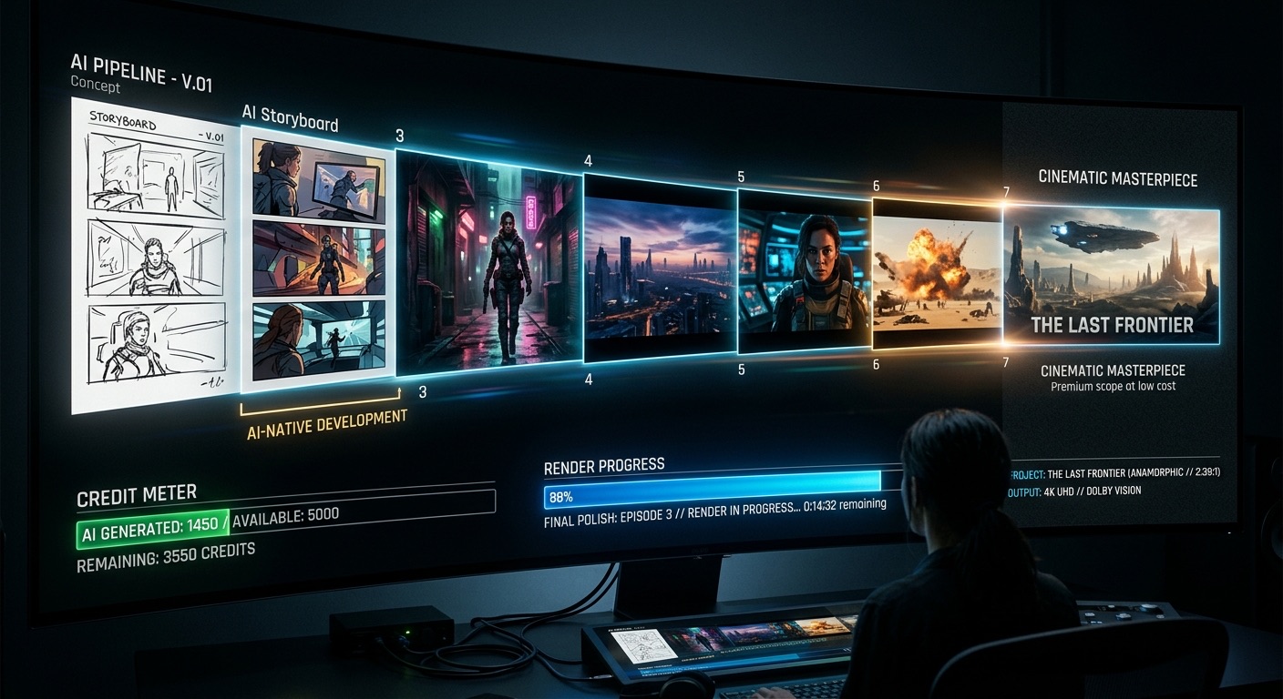 Cinematic still: an AI native production pipeline visualised as a sequence of storyboard frames flowing into finished cinematic shots on a dark canvas, a credit meter and render progress, premium scope at low cost, photoreal, anamorphic